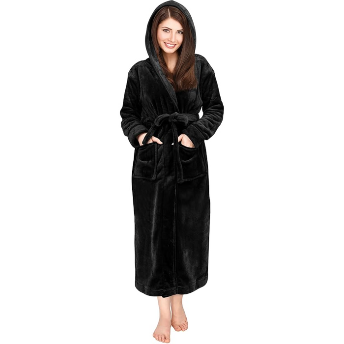 Plush Fleece Hooded Flannel Robe With Pockets