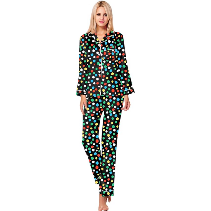 Printed Satin Pajama Set With Button Up Top