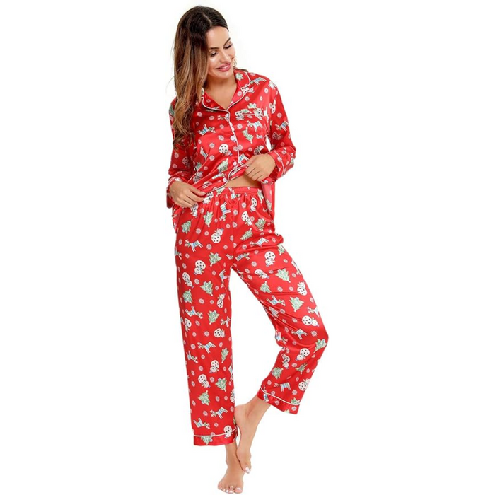 Printed Satin Pajama Set With Button Up Top