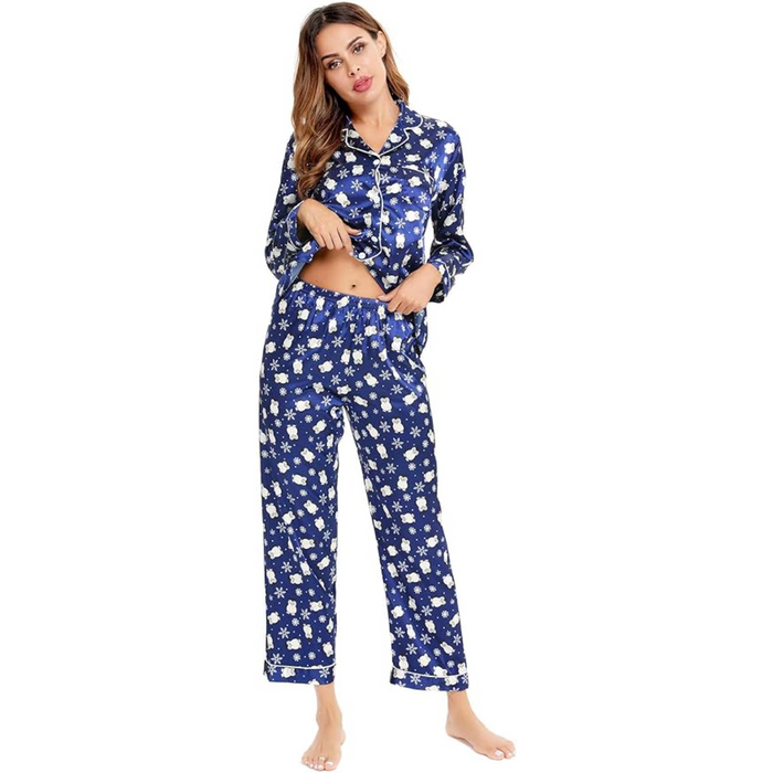 Printed Satin Pajama Set With Button Up Top