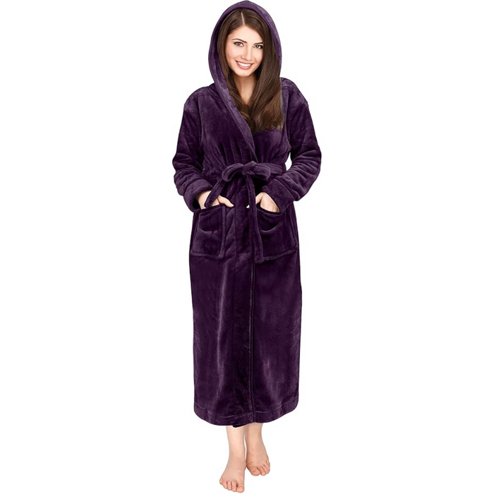 Plush Fleece Hooded Flannel Robe With Pockets