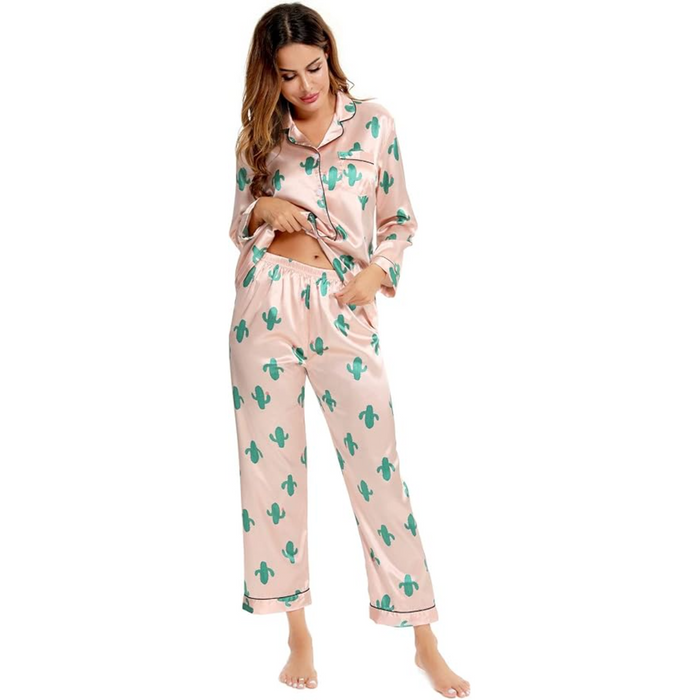 Printed Satin Pajama Set With Button Up Top