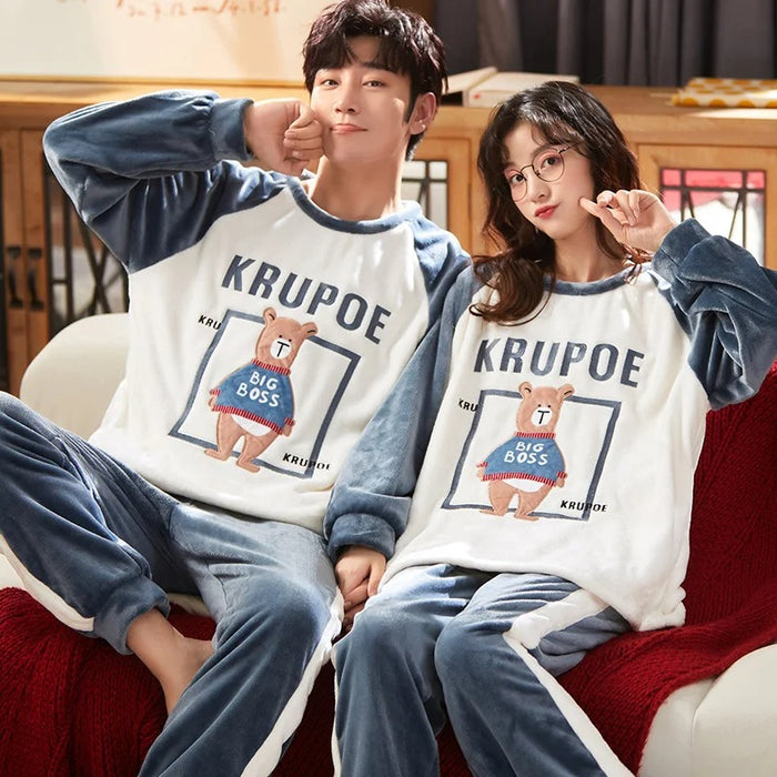 Cozy Cartoon Print Fleece Couple Pajama Set