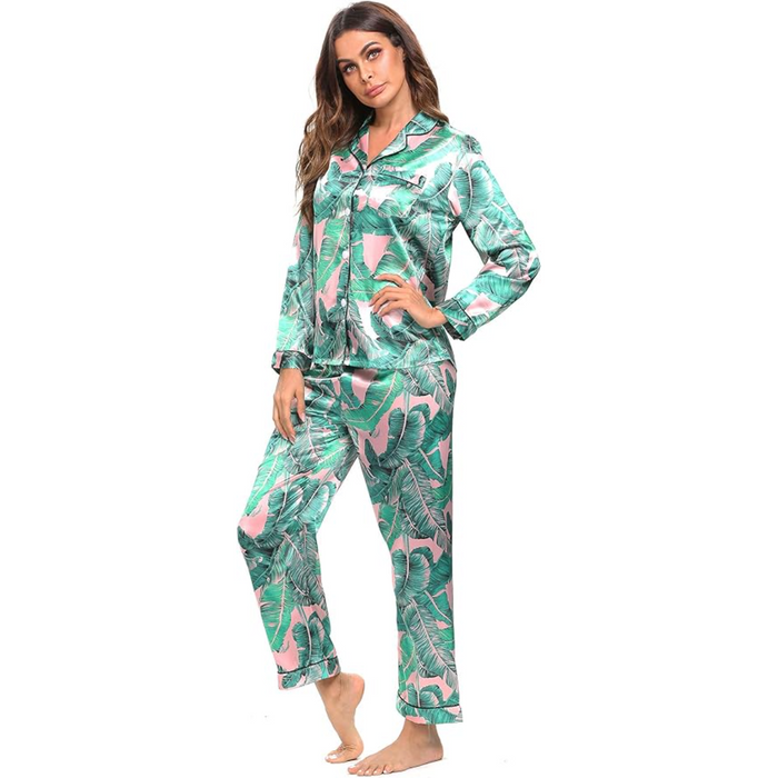 Printed Satin Pajama Set With Button Up Top