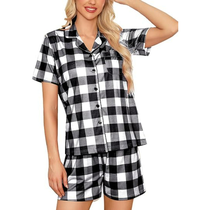 Short Sleeve Plaid Button Down Sleepwear Set