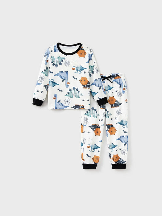 Halloween Family Matching Dinosaur And Pumpkin Printed Pajama Set