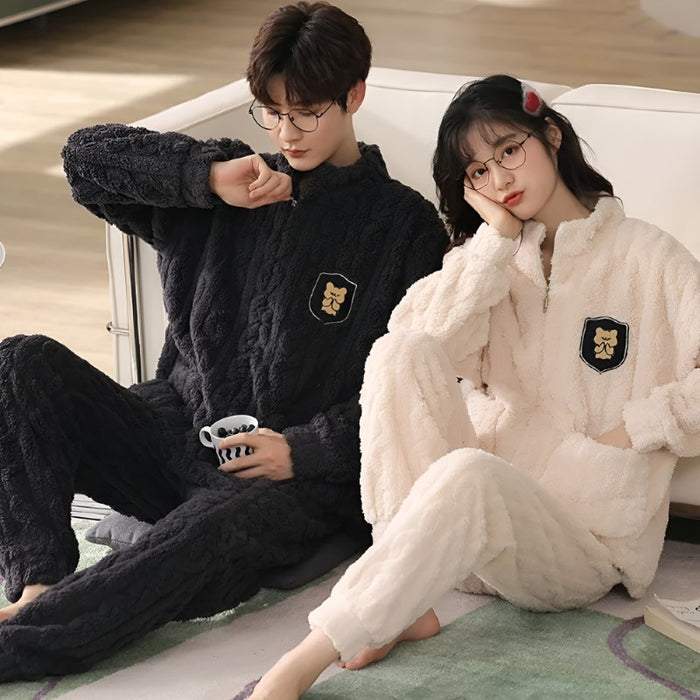 Couple Pajama Set With Embroidered Patch Design