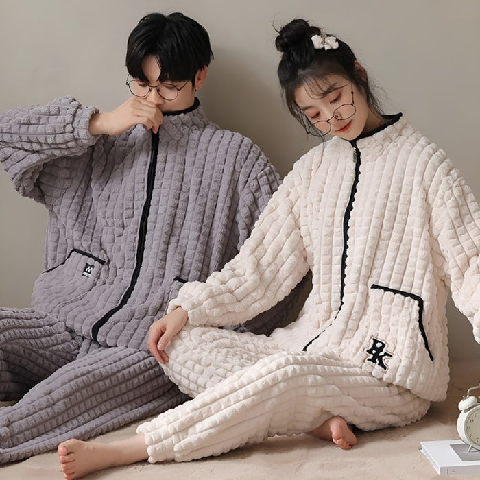 Zipper Up Couple Pajama Set With Waffle Texture