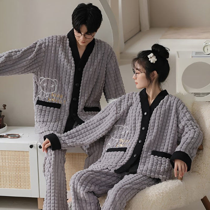 Embroidered Detail Button Up Couple Pajama Set