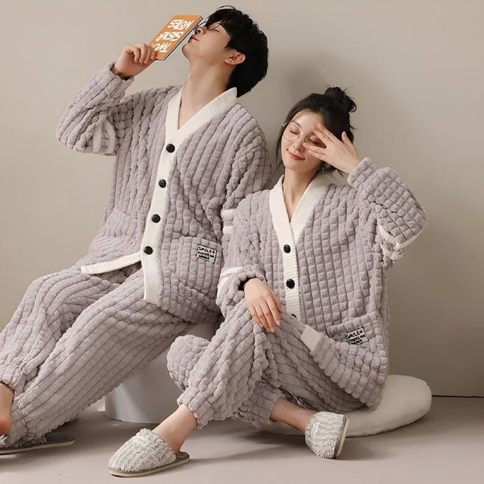 Button Up Waffle Textured Couple Pajama Set