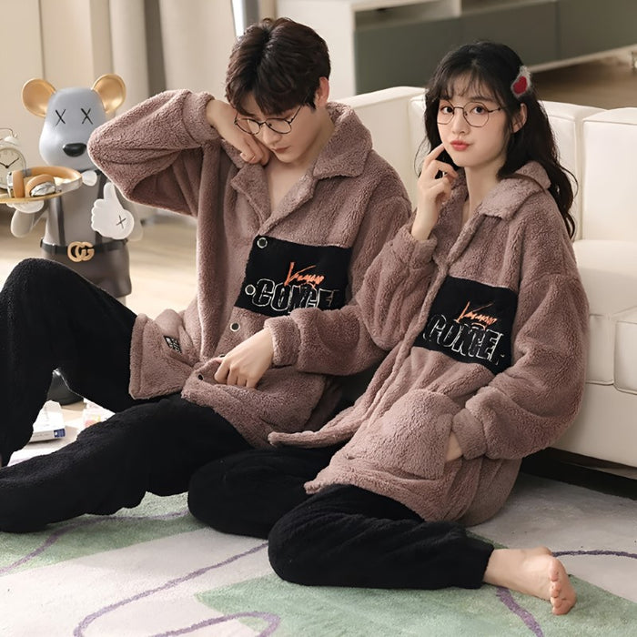 Couple Pajama Set With Button Up Fleece Jacket