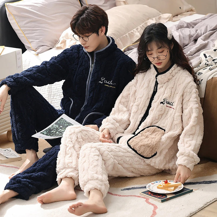 Warm Fleece Zip Up Couple Pajama Set