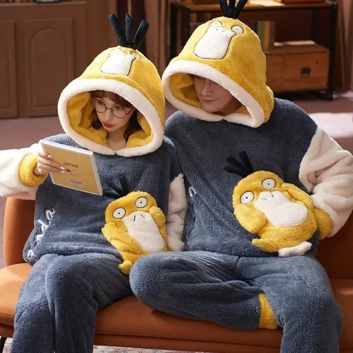 Cartoon Psyduck Hooded Fleece Couple Pajama Set