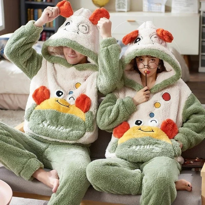 Cartoon Psyduck Hooded Fleece Couple Pajama Set