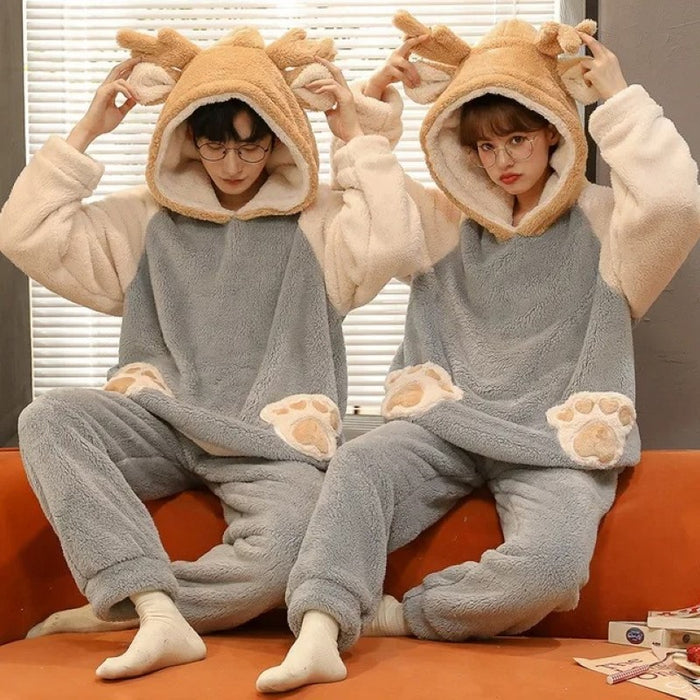 Cartoon Psyduck Hooded Fleece Couple Pajama Set