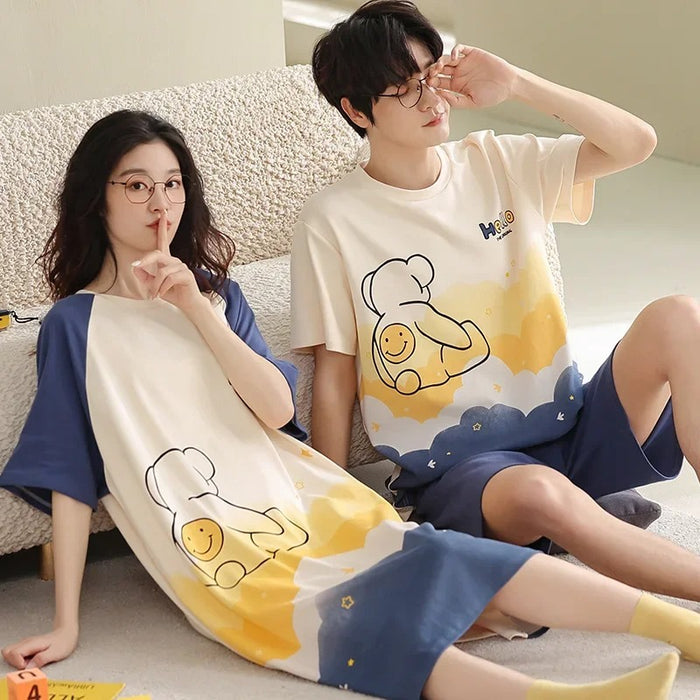 Cartoon Short Sleeve Summer Sleepwear Couple Pajama Set