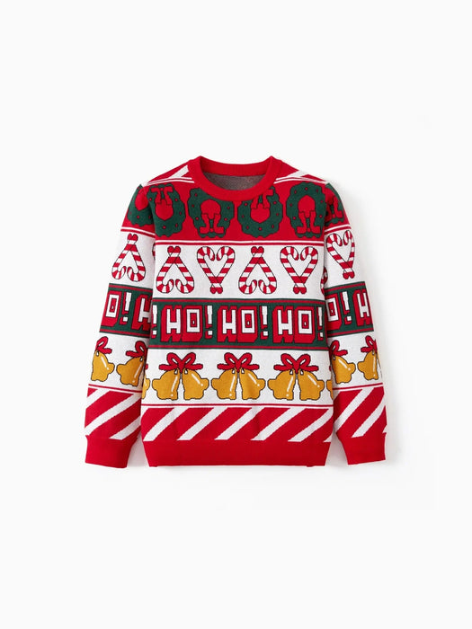 Family Bell And Candy Cane Matching Sweater Set