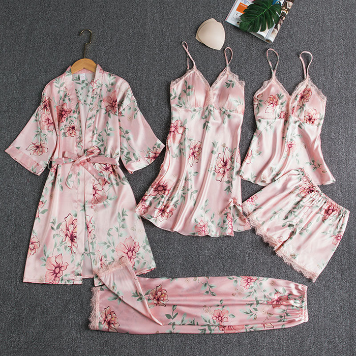 Women's Ice Silk Pajamas With Chest Pad 5 Piece Set