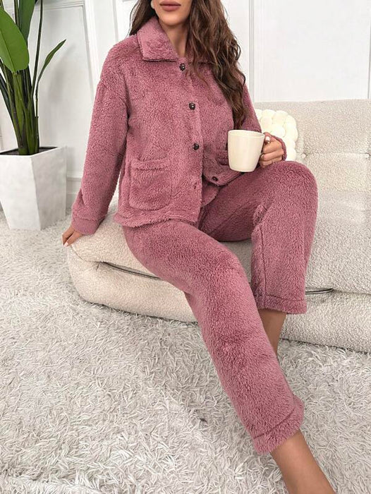 Flannel Dual Pocket Jacket And Pant Lounge Set