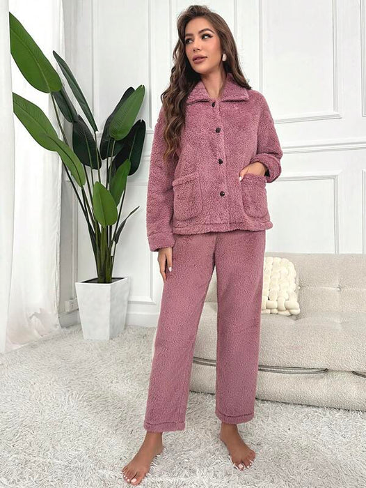 Flannel Dual Pocket Jacket And Pant Lounge Set