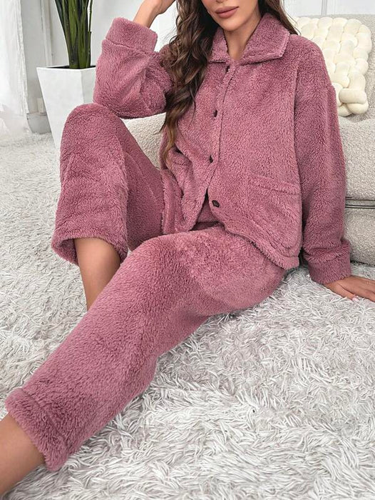 Flannel Dual Pocket Jacket And Pant Lounge Set