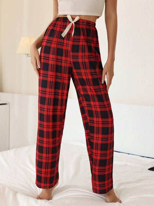 Bowknot Accented Grid Pattern Pajama Pants