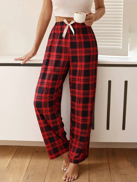 Bowknot Accented Grid Pattern Pajama Pants