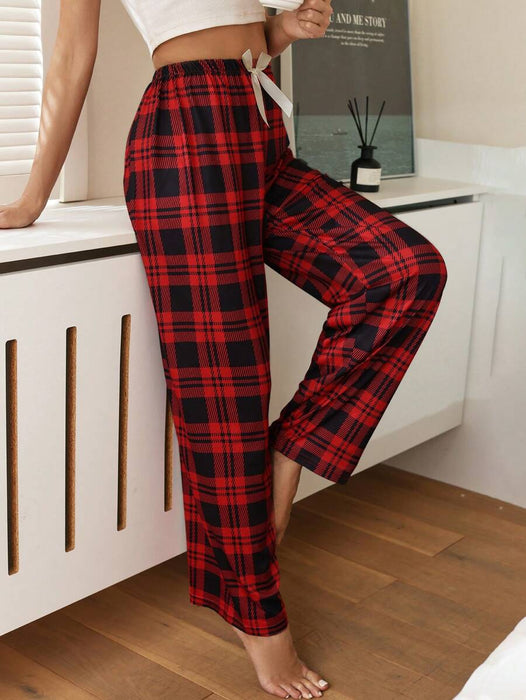 Bowknot Accented Grid Pattern Pajama Pants