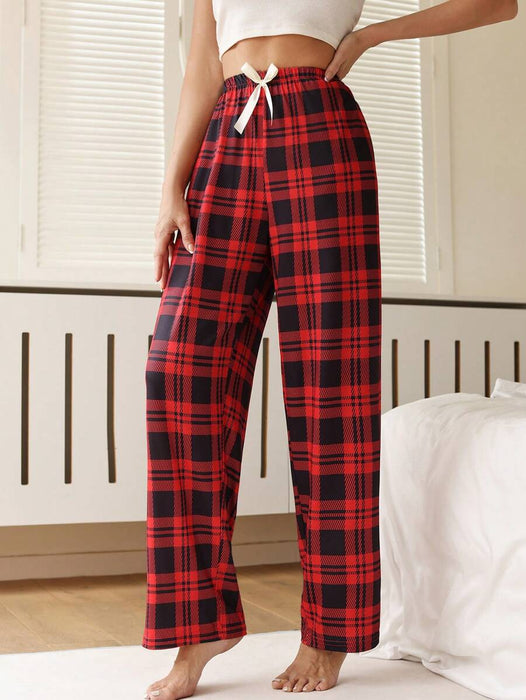 Bowknot Accented Grid Pattern Pajama Pants