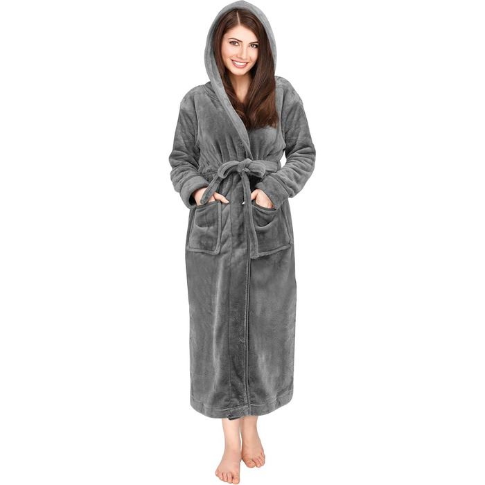 Plush Fleece Hooded Flannel Robe With Pockets