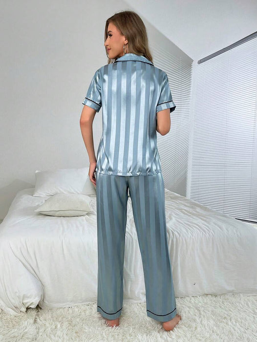 Striped Jacquard Simulated Silk Pajama Set