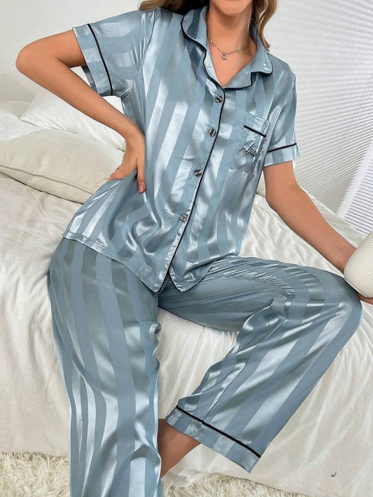 Striped Jacquard Simulated Silk Pajama Set