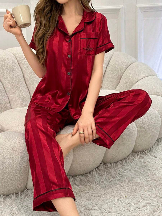 Striped Jacquard Simulated Silk Pajama Set