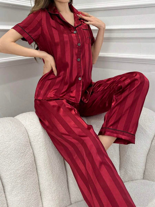 Striped Jacquard Simulated Silk Pajama Set