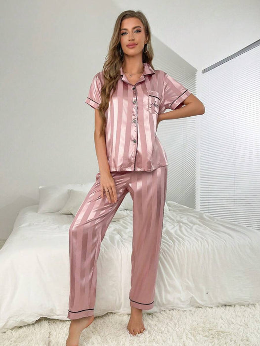 Striped Jacquard Simulated Silk Pajama Set