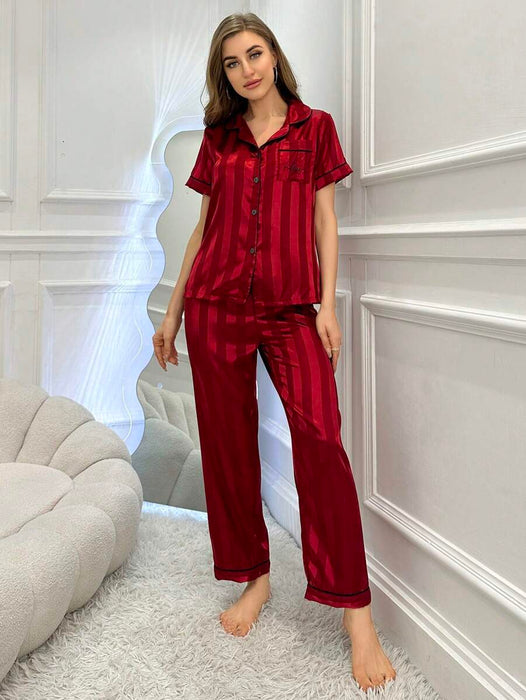 Striped Jacquard Simulated Silk Pajama Set