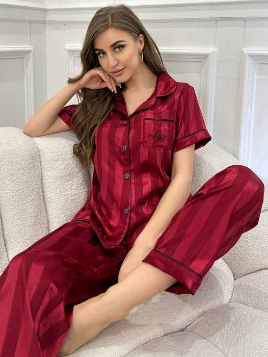 Striped Jacquard Simulated Silk Pajama Set