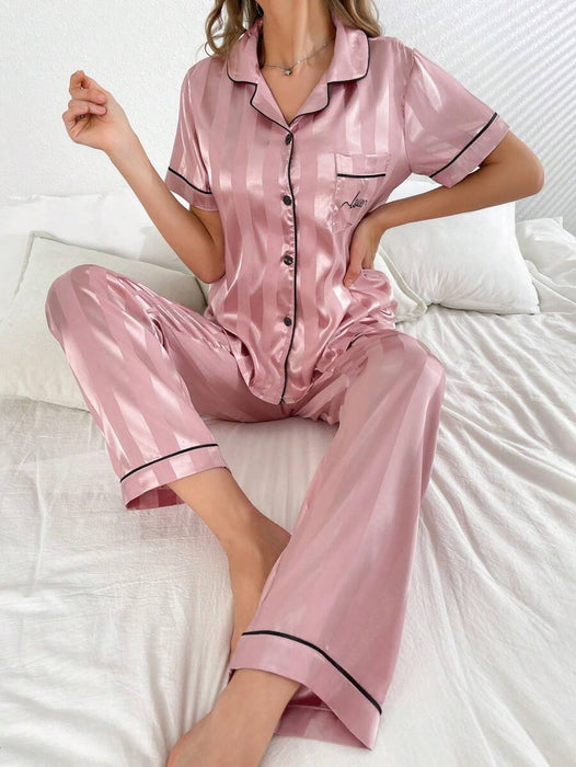 Striped Jacquard Simulated Silk Pajama Set