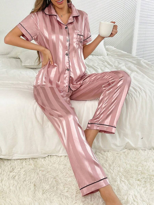 Striped Jacquard Simulated Silk Pajama Set