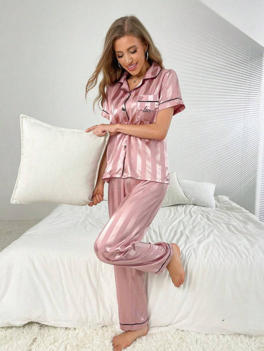 Striped Jacquard Simulated Silk Pajama Set