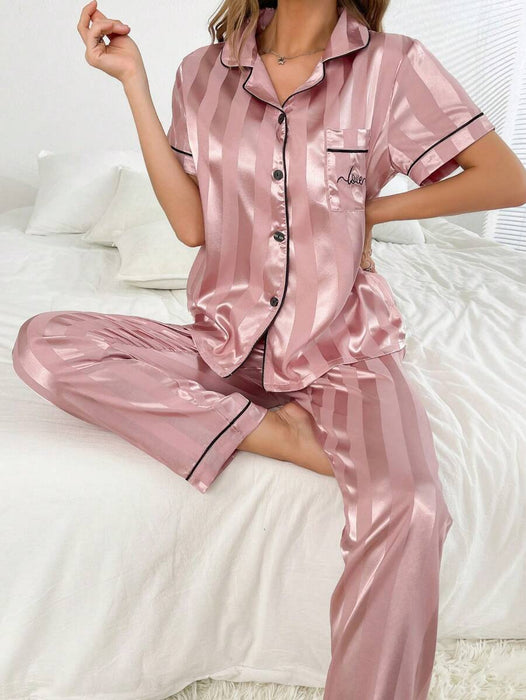 Striped Jacquard Simulated Silk Pajama Set