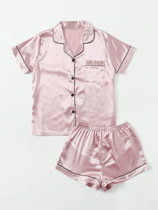 Satin Pajama Loungewear Set With Contrast Trim