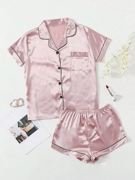 Satin Pajama Loungewear Set With Contrast Trim