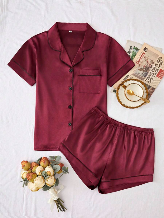 Satin Pajama Loungewear Set With Contrast Trim