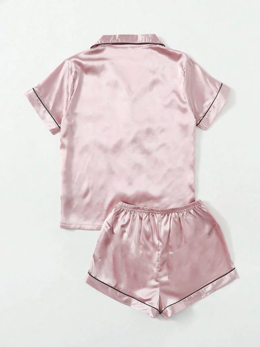 Satin Pajama Loungewear Set With Contrast Trim