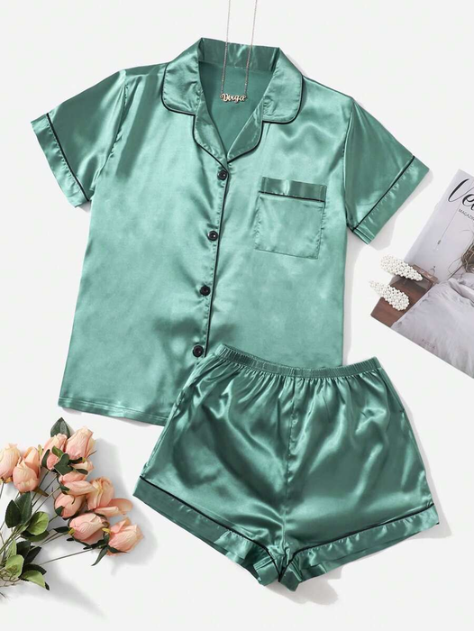 Satin Pajama Loungewear Set With Contrast Trim