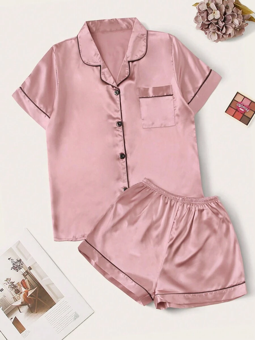 Satin Pajama Loungewear Set With Contrast Trim