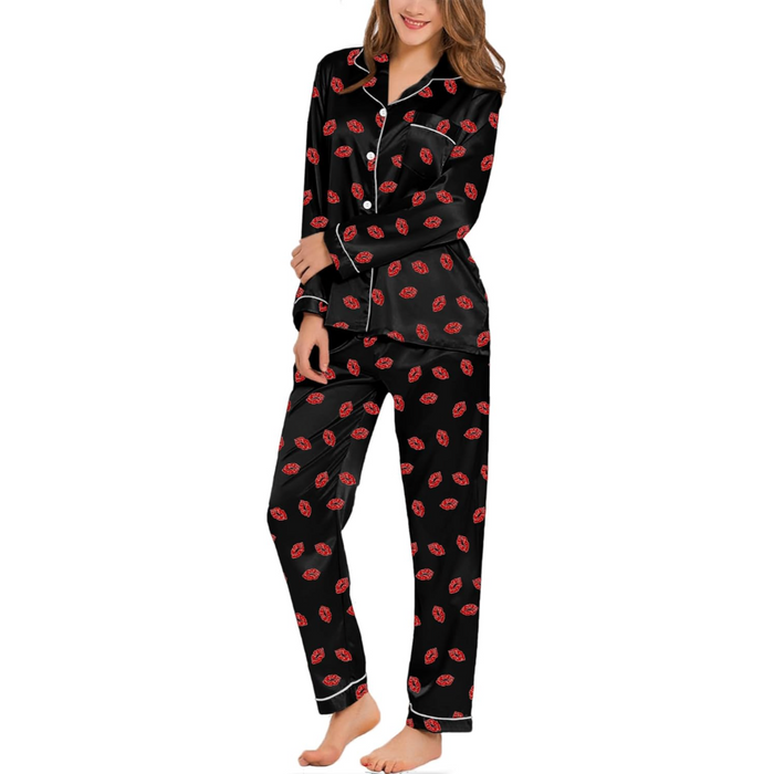 Stylish Printed Satin Pajama Set With Long Sleeves