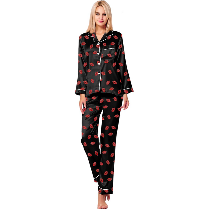 Stylish Printed Satin Pajama Set With Long Sleeves