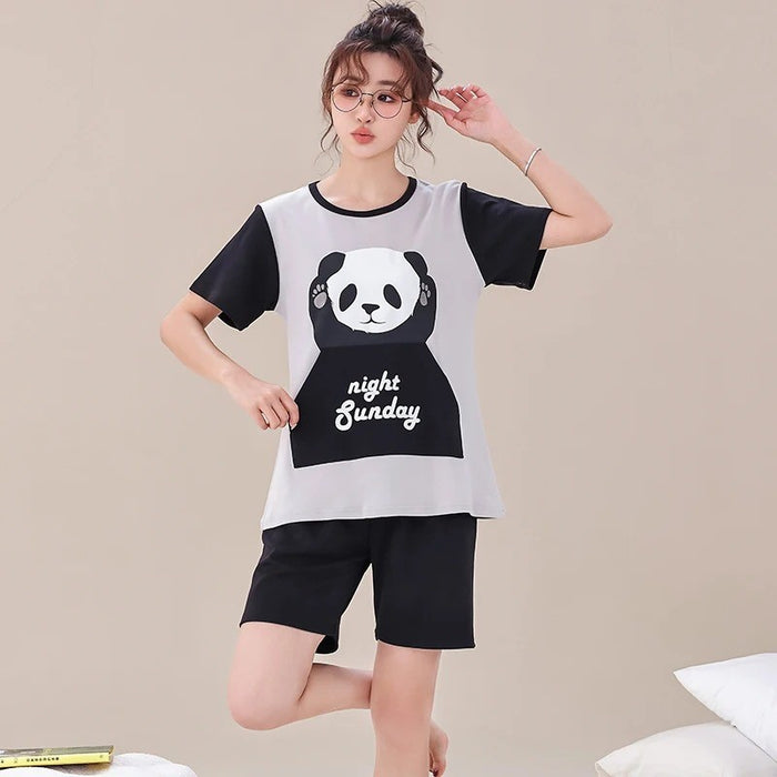 Couple Short Sleeve Casual Top And Cartoon Print Shorts